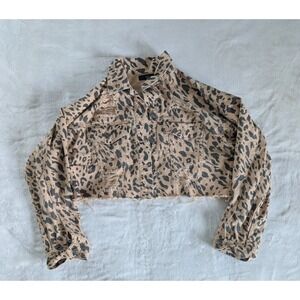 Forever 21‎ Leopard Print Cropped Jean Jacket Sz Small Distressed Denim Punk